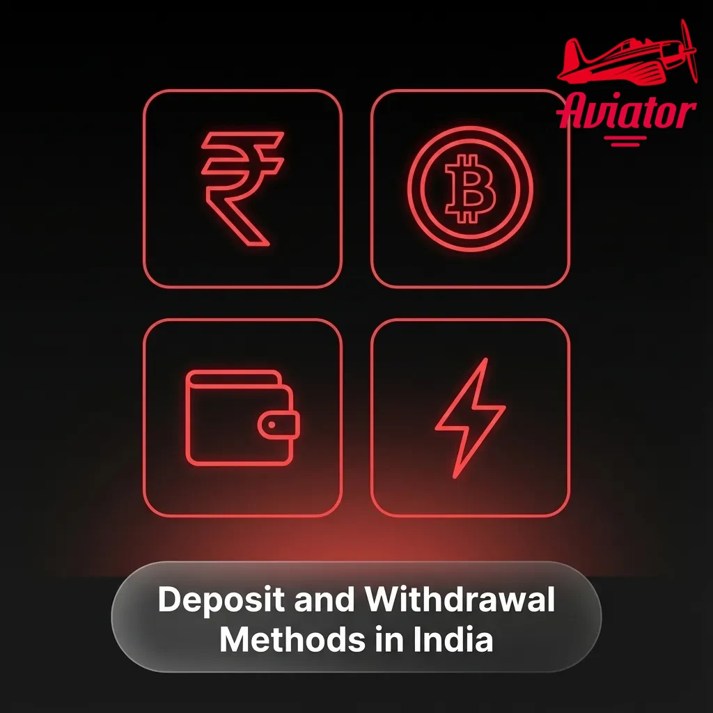 Icons of Indian payment methods and cards illustrating deposit and withdrawal options for Aviator casino players
