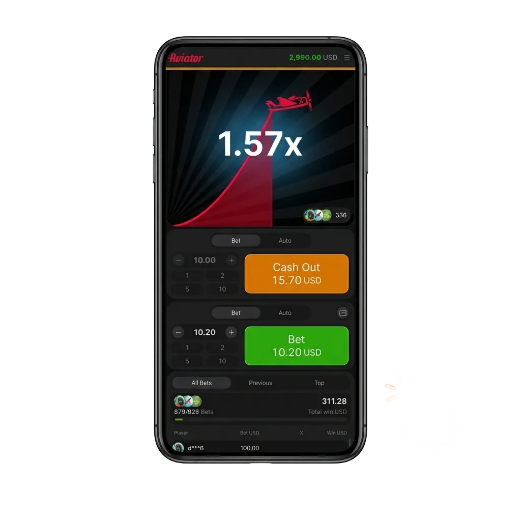 Smartphone showing Aviator crash game app screen with download button and 2025 latest version label
