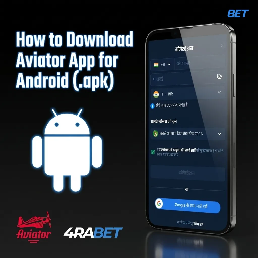 Illustration of a hand holding an Android phone showing the 4rabet Aviator app download and install steps on screen