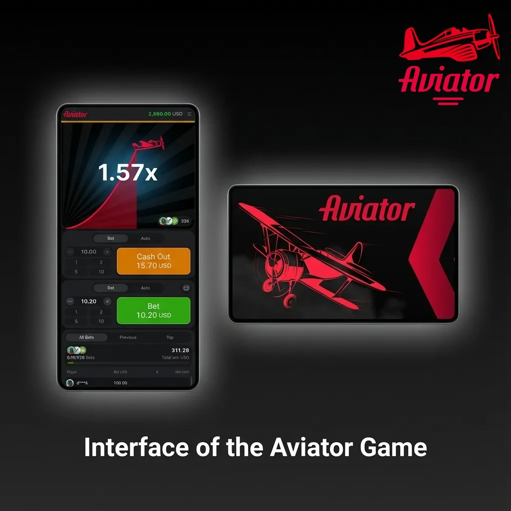 Aviator game interface showing main flight screen, bet panel below, rising multiplier center, and players’ results with chat sidebar