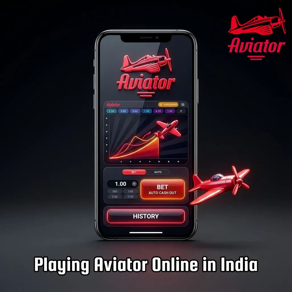 Illustration of Aviator crash game on a phone with rupee bets, Indian casino logos, and UPI, PayTM, GPay payment icons