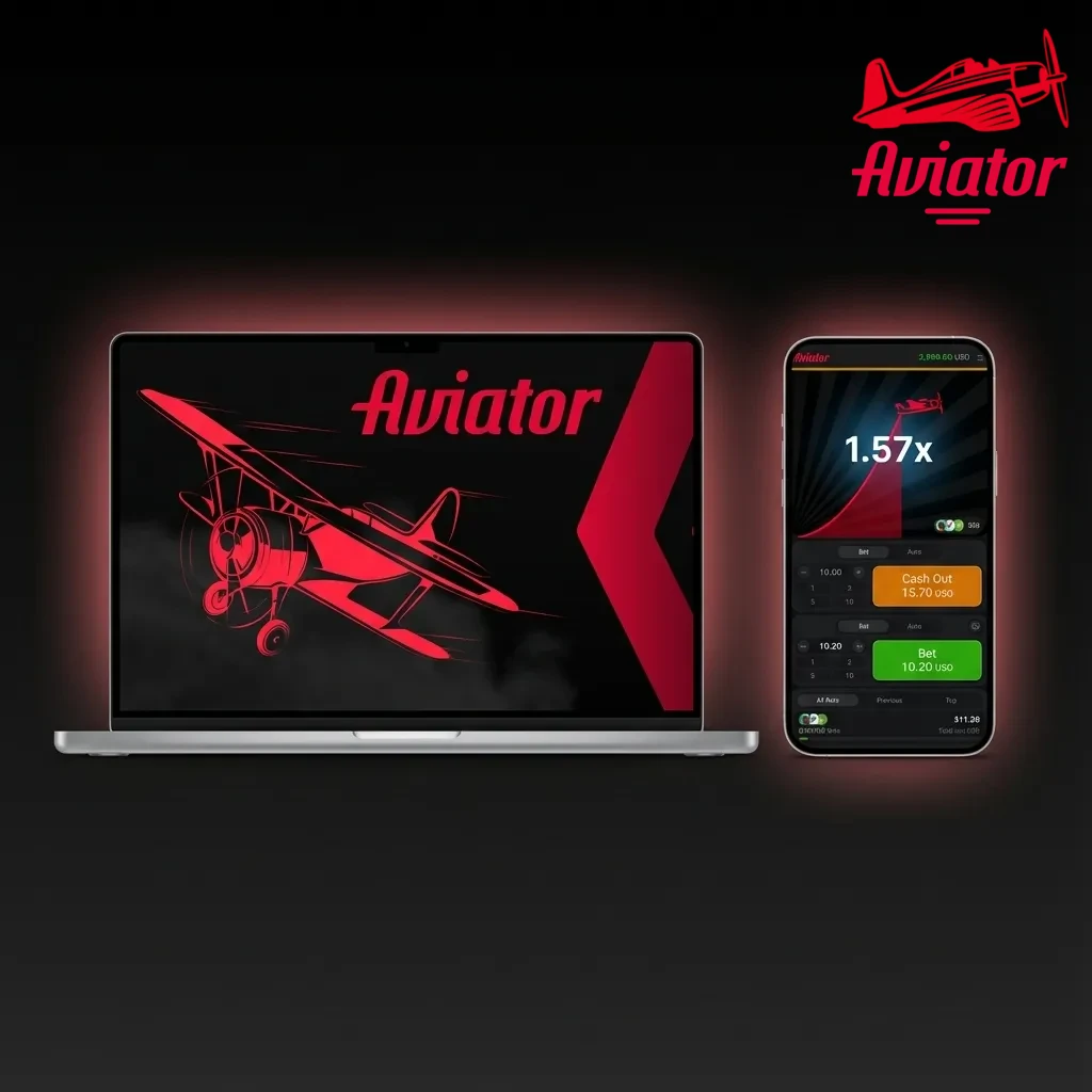 Illustration showing Aviator casino app interfaces on Android phone, iPhone, Windows PC, and Mac laptop screens
