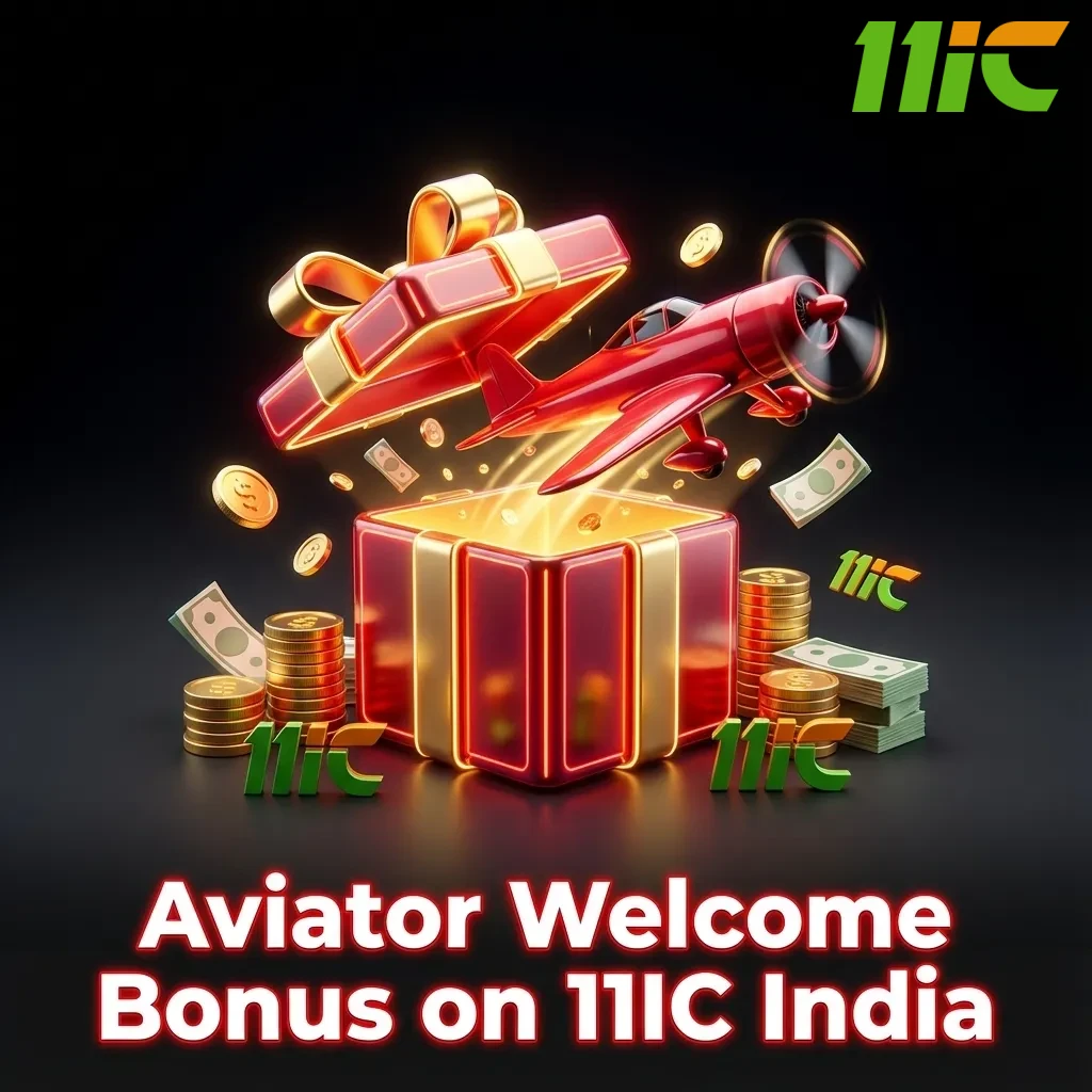 11IC India app screen showing Aviator welcome offer: ₹200 no deposit and 100% first deposit bonus for new casino players