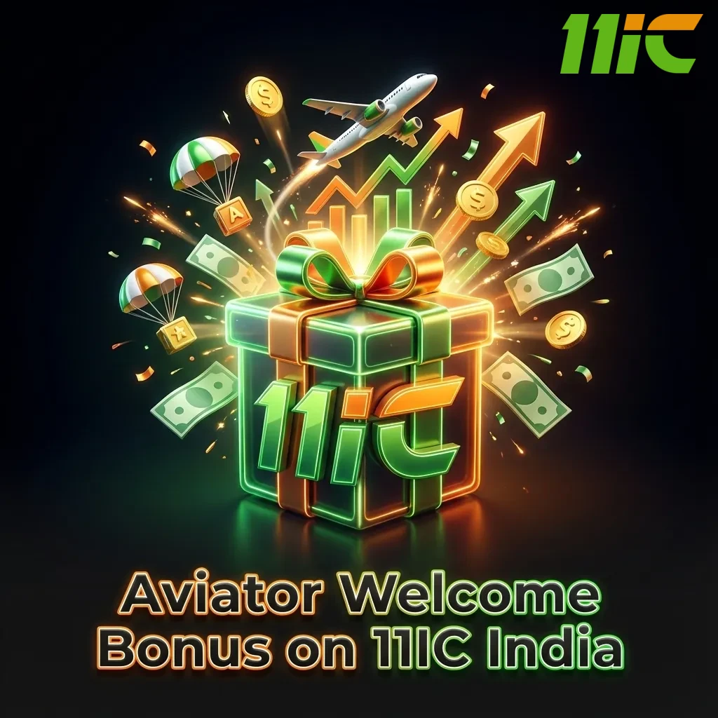 Aviator Welcome Bonus banner on 11IC India, showing ₹200 no deposit and 100% first deposit offer for new casino players