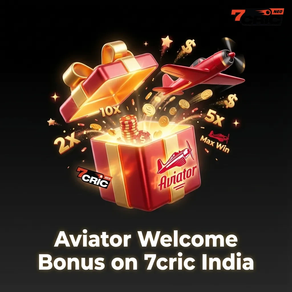 Aviator welcome bonus promo on 7cric India app, showing steps to claim multi-stage casino bonus for new players