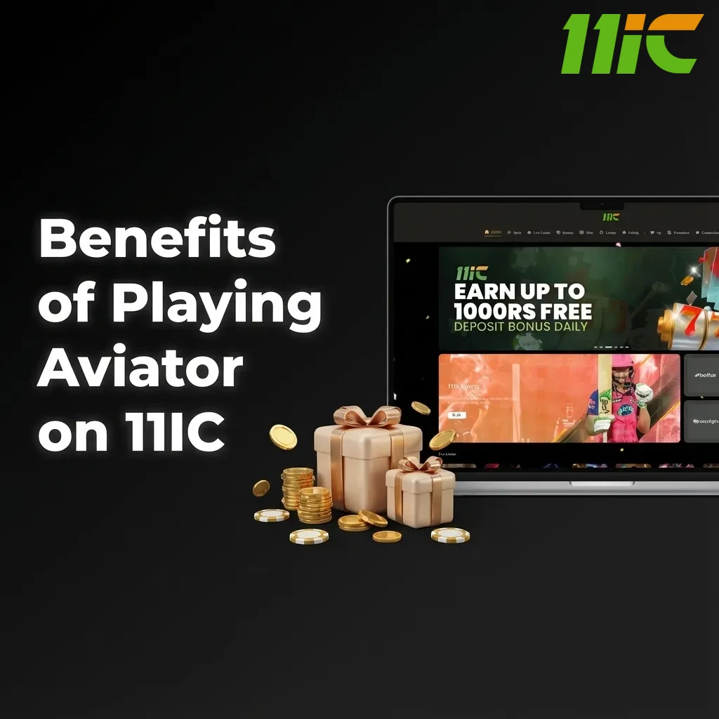 Infographic titled “Benefits of Playing Aviator on 11IC” highlighting high RTP, auto cashout, live chat, and fast INR payments