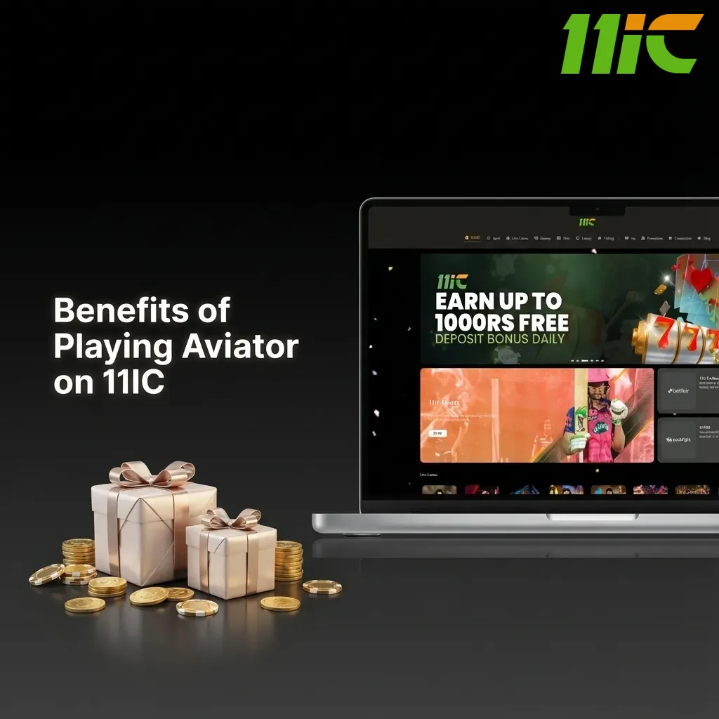 Infographic titled “Benefits of Playing Aviator on 11IC” highlighting high RTP, rupee payments, auto cashout, and live chat.