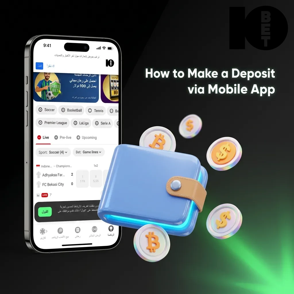 Mobile app deposit process showing wallet icon, payment method selection, and deposit confirmation steps on 10bet