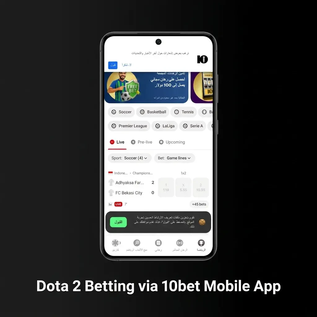 Smartphone displaying 10bet app with Dota 2 esports betting markets and live odds for Oman users