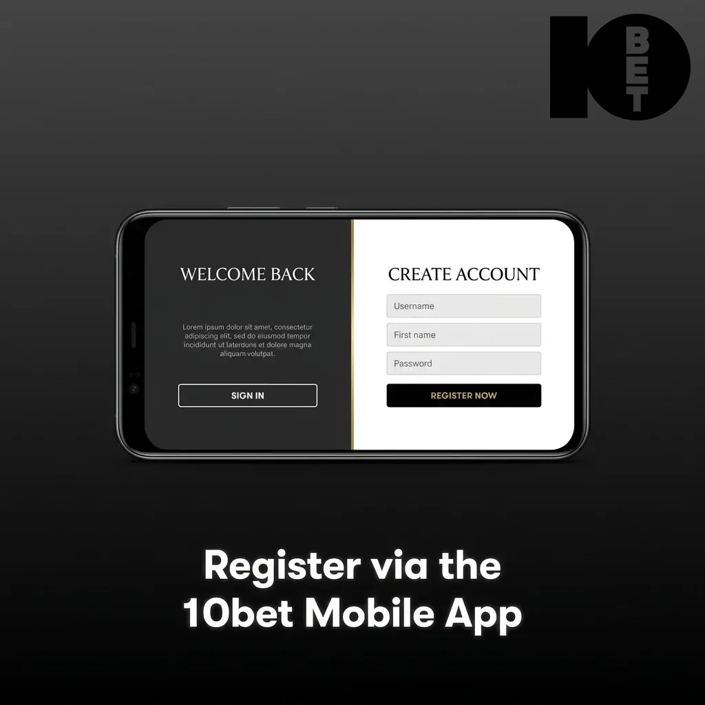 Smartphone displaying the 10bet mobile app registration screen with sign-up options for iOS and Android users.