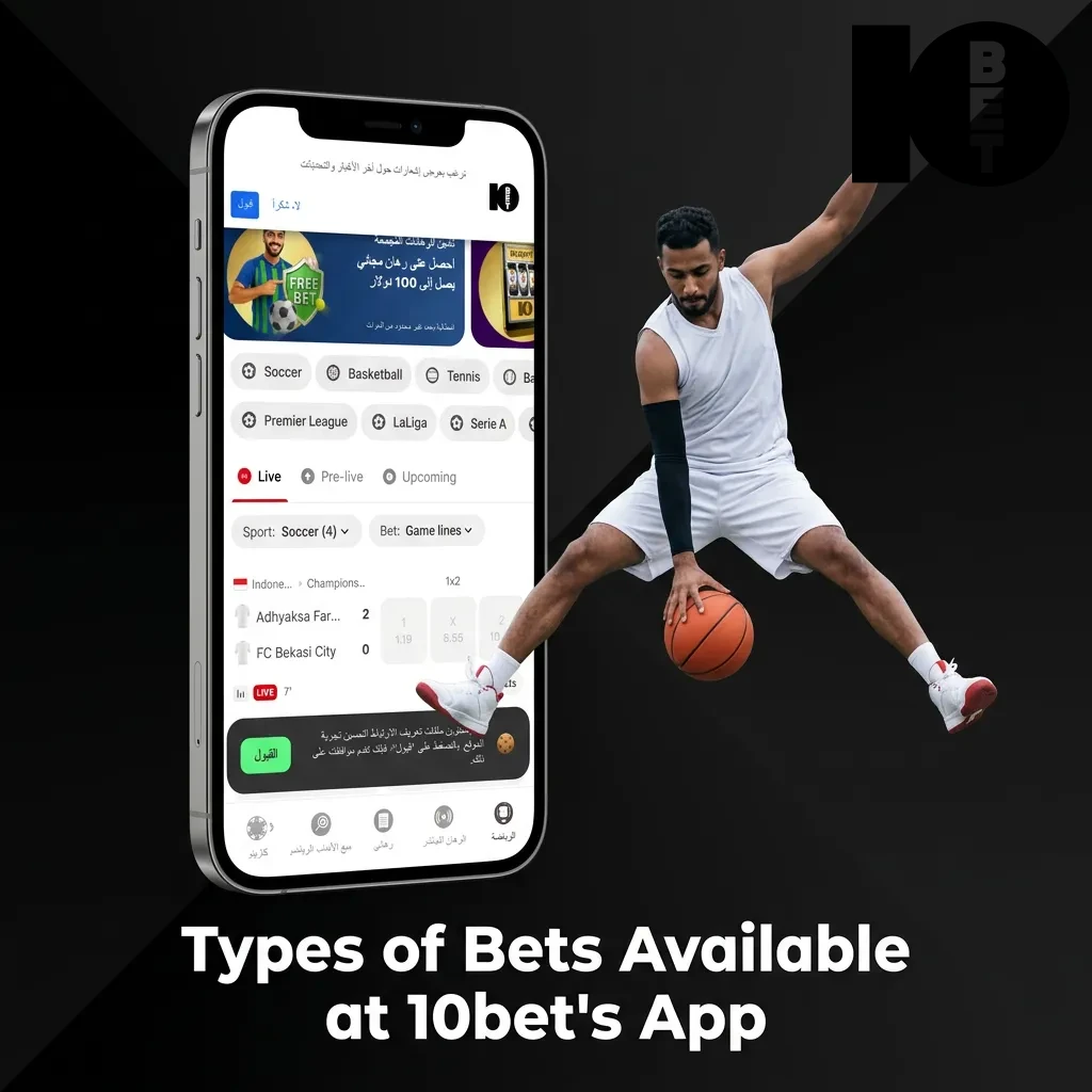 Diagram showing types of bets on 10bet app: single, accumulator, treble, system, and live in-play bets.
