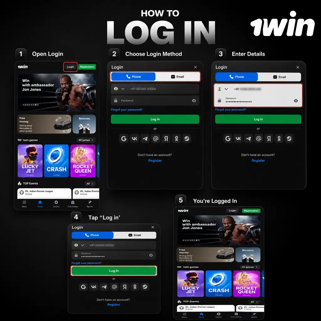 1win account login options in India including email, phone, social media, and mobile app sign-in methods