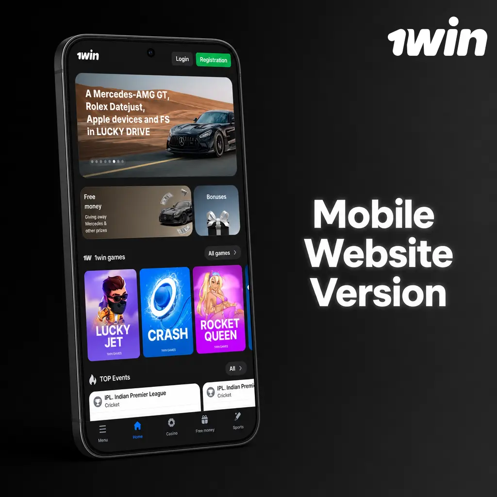 1win mobile website on smartphone browser showing live betting, casino games, and INR deposit options for India players