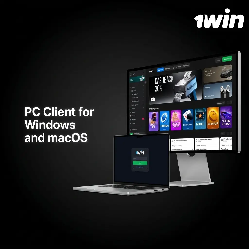1win browser-based platform on Windows and macOS showing sports betting and live casino features in Chrome or Firefox