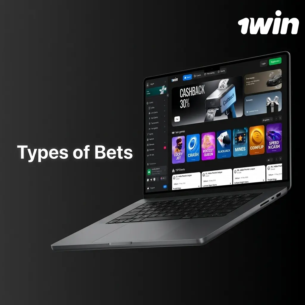 1win bet types diagram showing Single, Express Accumulator, and System bets with descriptions for sports wagering
