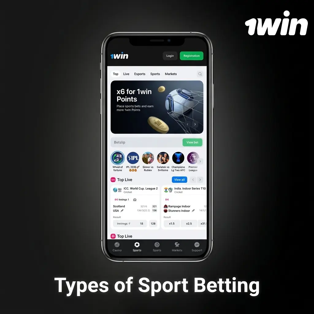 1win sportsbook interface showing betting markets across 40+ sports including cricket, football, tennis, basketball, and esports