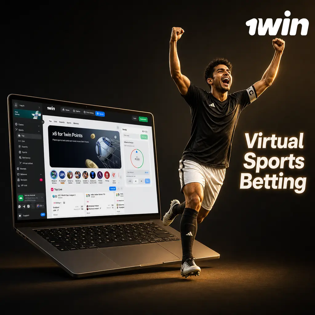 Virtual sports betting on 1win showing simulated football, cricket, horse racing and basketball events available 24/7 for Indian players