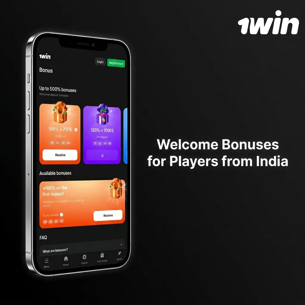 1win welcome bonus offers for Indian players including casino and sportsbook promotions with wagering requirements