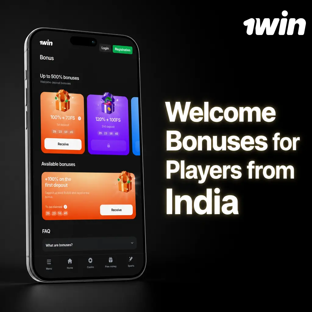 1win welcome bonus package for Indian players showing four deposit bonuses with 130–170% match rates and wagering requirements