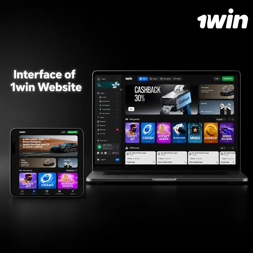 1win website dark-themed interface showing top navigation bar with Sports, Live Betting, Casino, and more sections for India users