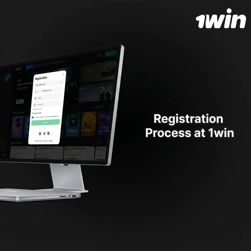 1win registration process steps showing account creation form with email, phone, and social sign-up options for Indian players