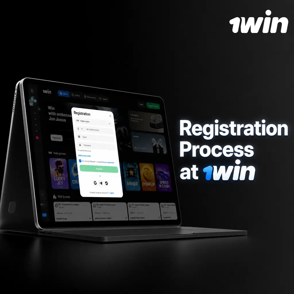 1win registration process steps showing sign-up form with phone, email, and social login options for new users