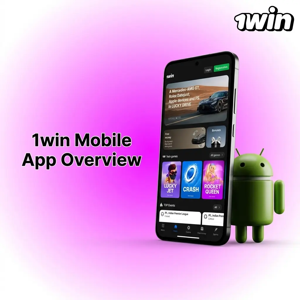 1win mobile app interface showing sports betting, casino games, and UPI payment options for Android and iOS users in India