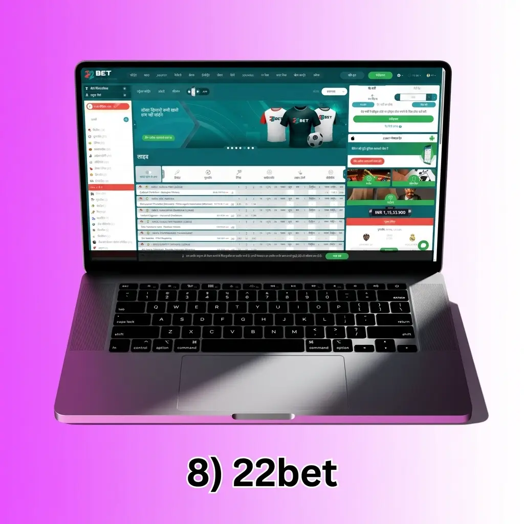 22bet sportsbook platform showing 30+ IPL cricket markets, UPI and crypto payment options, and 75 INR minimum deposit