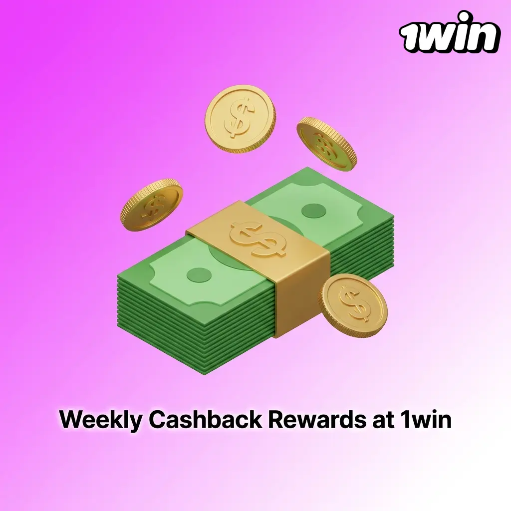 1win weekly cashback rewards system showing VIP tier percentages from 10% to 30% on net losses